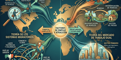 Infographic showing global migration theories including neoclassical, migratory systems, new labor economy, and dual labor market, with push and pull factors and family strategies