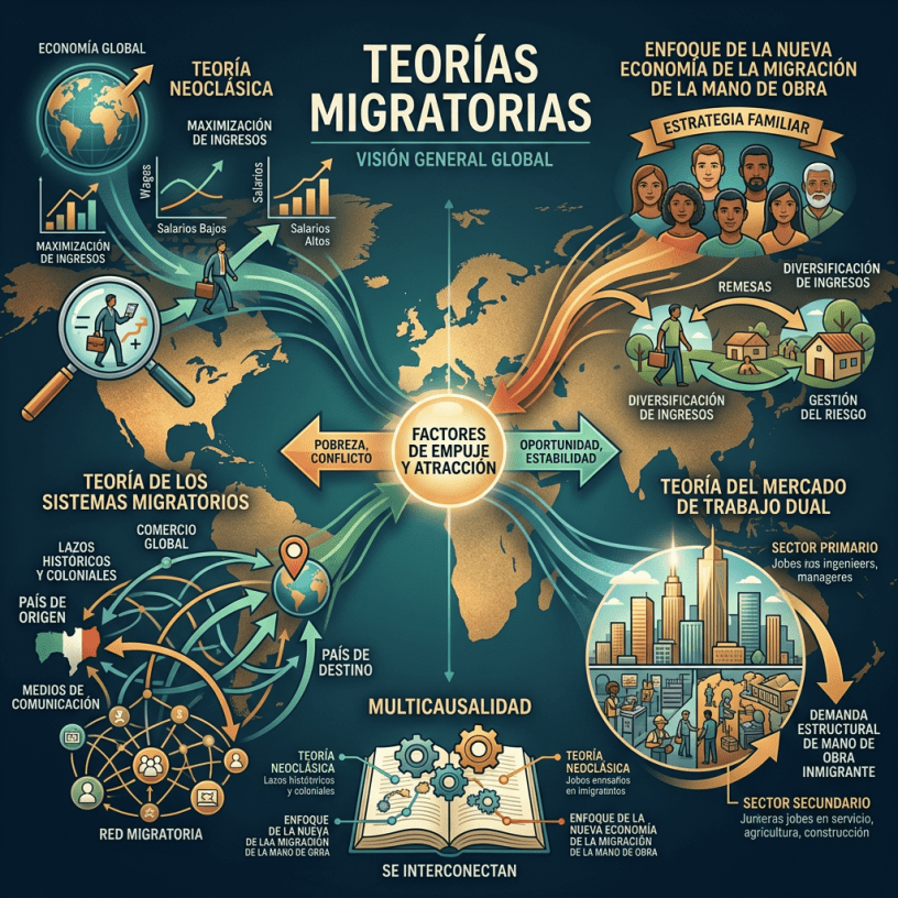 Infographic showing global migration theories including neoclassical, migratory systems, new labor economy, and dual labor market, with push and pull factors and family strategies