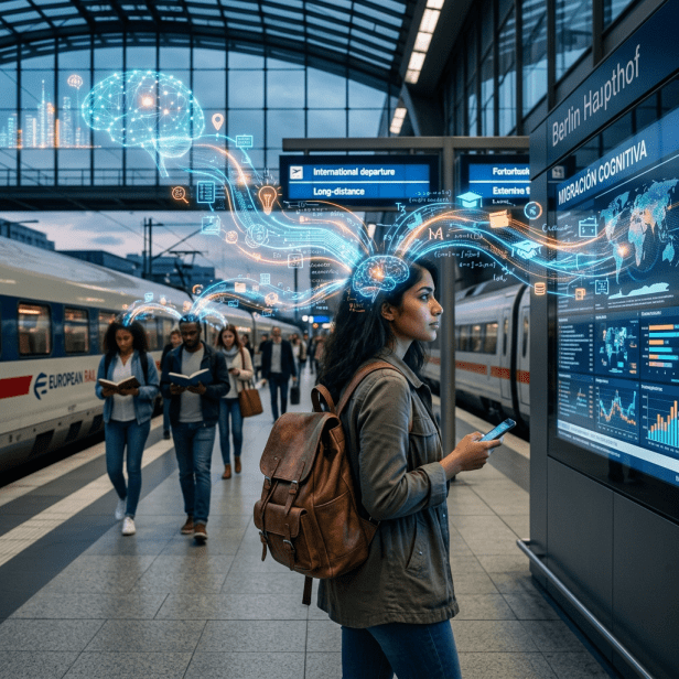 Young woman standing at Berlin train station using smartphone with cognitive data graphics around her head