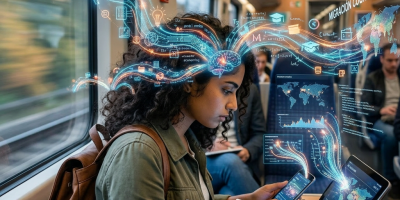Woman using tablet and smartphone with digital cognitive and data migration visuals.