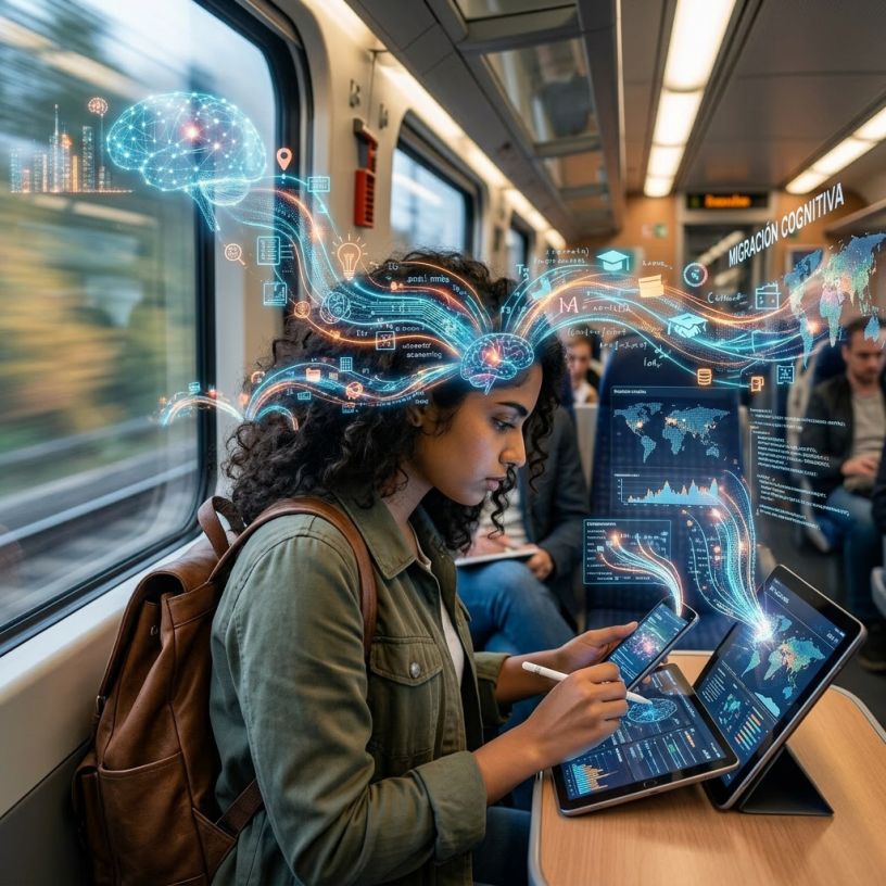Woman using tablet and smartphone with digital cognitive and data migration visuals.